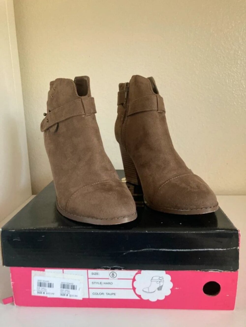 Charlotte Russe women’s brown taupe suede ankle boots.